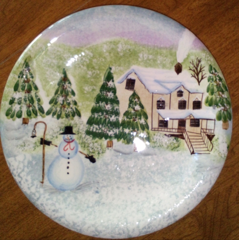 Nantucket Home Set Of Three Hand Painted Winter Scene 8" Ceramic Dinner Plates